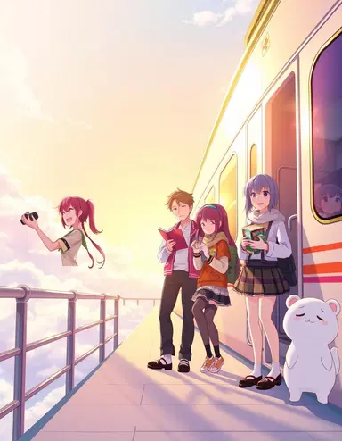 Anime-style vertical phone wallpaper of the Astral Express crew from Honkai: Star Rail enjoying a peaceful, joyful moment together. The scene is set on a bright sky platform beside the Astral Express, surrounded by soft clouds and warm sunlight reflecting off the trainβs silver surface. March 7th is happily taking photos with her camera, Dan Heng is quietly reading, Stelle (the Trailblazer) is laughing with Himeko as they share coffee, and Welt looks on with a gentle, content smile. Pom-Pom stands nearby offering snacks, adding a cute and cozy atmosphere. The composition emphasizes warmth, friendship, and lighthearted adventure. The art style is vibrant, detailed, and cinematic β soft lighting, vivid colors, and an uplifting anime aesthetic perfect for a serene phone wallpaper.
