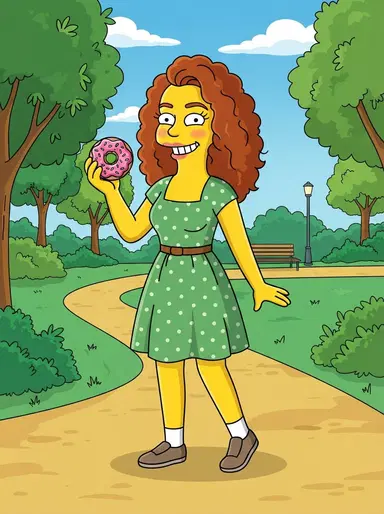 A cheerful woman as a flat 2D yellow cartoon character holding a donut in a park