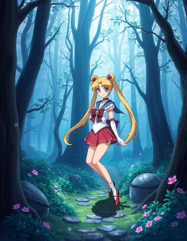 Sailor Moon anime style in magical forest