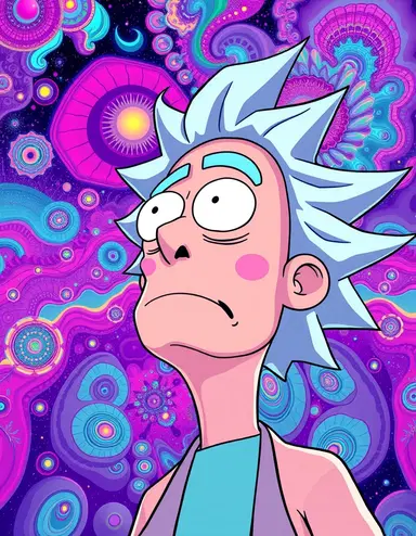 an ultra psychedelic rick gazing up with smooth, bold outlines, trippy dream logic visuals, and extreme color saturation in a rick and morty cartoon style, as fractal patterns with infinite complexity and harmony repeat at various scales, echoing across a dreamy, 4k detailed illustration, blending rick and morty's surreal animated sci-fi fantasy with vaporwave and lsd-inspired art.