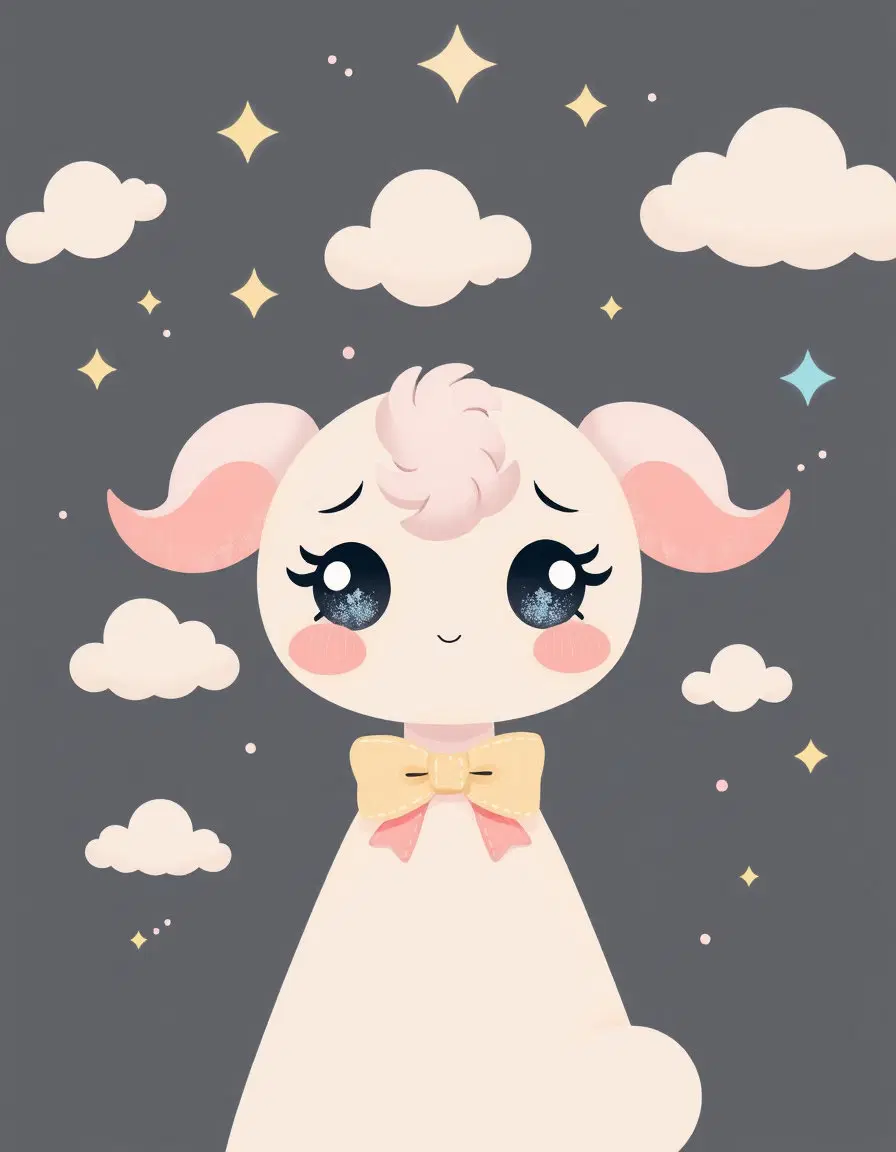 portrait of a whimsical character in a dark gray cosmic sky, cute kawaii style with soft pinks, baby blues, gentle yellows, large sparkling eyes, rounded shapes, pastel clouds, oversized bows, playful charm, gentle glow, minimal detail, dreamy landscape, soft pastel palette, kawaii charm, pastel cute kawaii art, soft pinks, baby blues, gentle yellows, pastel cute kawaii art, pastel cute kawaii art.