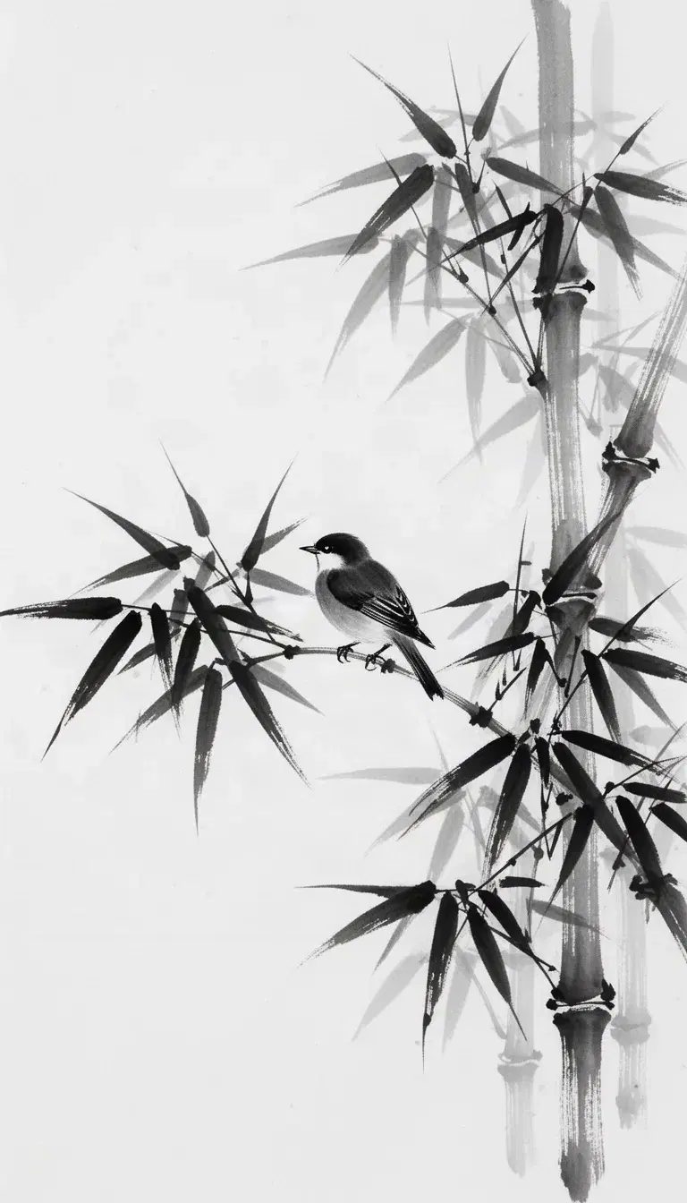 japanese ink wash painting, black ink brush strokes on a white background, with a minimal zen aesthetic. a single small bird is perched delicately on a bamboo branch, emphasizing negative space and a single subject focus.