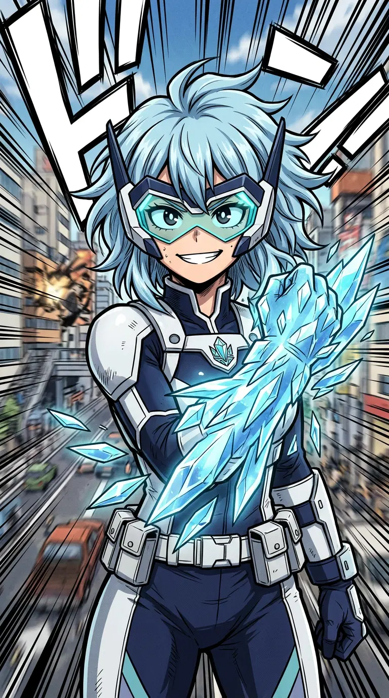 Original hero in the My Hero Academia anime art style: a teen hero girl with ice-blue hair and a crystal quirk forming on her arm, white and navy hero costume with a visor, determined smile, bold manga line art, city skyline with action speed lines. Portrait framing from the waist up, face in the upper third of the frame, one character only. No text, no logo, no watermark.