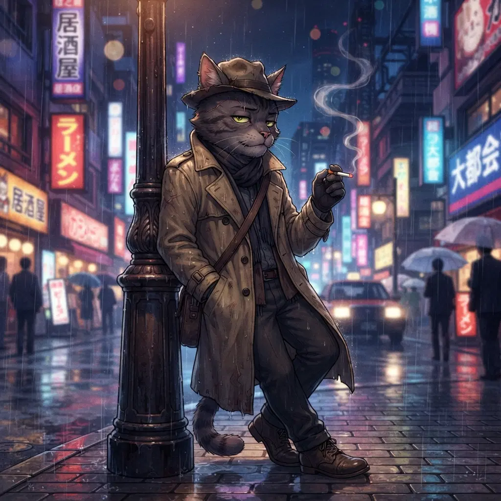 original character: a stylish anthropomorphic cat in a rumpled trench coat leaning against a lamppost at night, tired knowing eyes, curl of smoke, moody adult anime illustration, neon city bokeh, clean soft gradient studio background, vibrant, crisp high detail, digital illustration