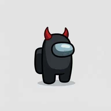 Among Us game style chibi crewmate bean, black suit with tiny devil horns, armless rounded bean, glossy visor, flat cartoon game art, clean background