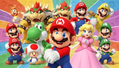 3D render, Mario in foreground, Super Mario Bros characters, Bowser, Yoshi, Toad, Wario, Waluigi, Luigi, Princess Peach, vibrant colors, cartoon style, gaming theme, collage composition, bright lighting, playful mood, high detail, 8k resolution, digital art, colorful background, dynamic arrangement