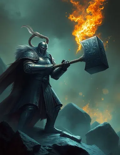 Create a fantasy picture with a knight with a big hammer like giant crusher in elden ring do with 2 bi
