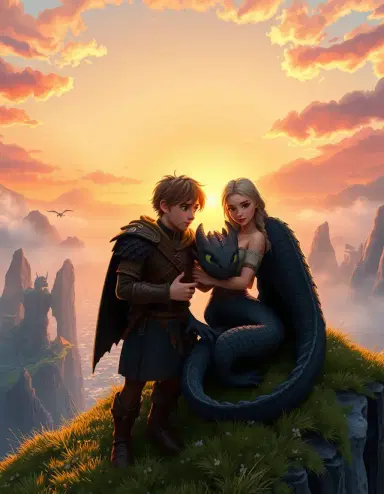 A highly detailed, cinematic fantasy illustration in the style of How to Train Your Dragon. A full shot of four characters: Hiccup Horrendous Haddock III, Astrid Hofferson, Toothless (the Night Fury), and the Light Fury, gathered together on a grassy, moss-covered cliff edge overlooking the beautiful, misty Isle of Berk during a magical sunset. The setting sun paints the sky in shades of warm orange, soft pink, purple, and gold, with the ocean sparkling below. In the foreground, Hiccup (wearing his brown dragon-riding leather armor) stands close to Astrid (wearing her leather armor and distinctive blue headband, her blonde hair partially braided). They are looking affectionately at each other, Hiccup gently holding Astrid's hand. Toothless, the jet-black Night Fury, is curled comfortably around them, his head resting peacefully near Hiccup's leg, his dark scales catching the warm sunset glow. Beside him, the elegant, white-scaled Light Fury is gracefully draped, her snout close to Toothless's, showing deep affection. Her shimmering, slightly pearlescent skin radiates the golden hour light. The composition is intimate and romantic, emphasizing the deep bond and love between the two humans and their beloved dragon partners. The background features the iconic rock formations and Viking village of Berk nestled in the valley, with other small dragon silhouettes flying in the distance. The lighting is natural, warm, and soft, creating a dreamlike, tender atmosphere. High quality, intricate textures on scales and leather, painted aesthetic with soft edges and strong depth of field.