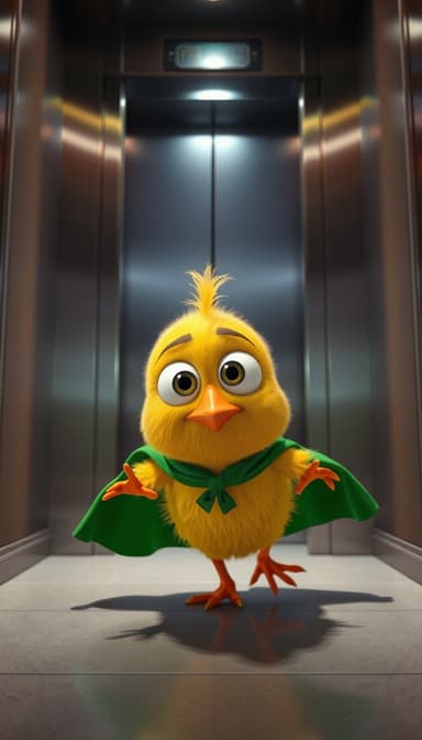 Pixar-style 3D, comedy moment, Perzak the chick being pulled toward closing elevator doors by his stuck green cape, big funny wide eyes, cartoon exaggerated style, bright and colorful, cinematic lighting.