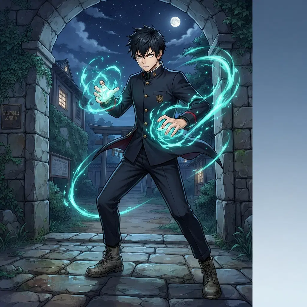 male teen sorcerer, full body, dark navy high collar school uniform jacket, swirling teal cursed energy around his hands, short black hair, sharp eyes, sharp modern anime line art, night school courtyard with stone walls