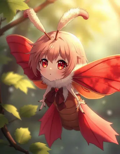 anime, rosy maple moth girl, fluffy gold antennae,