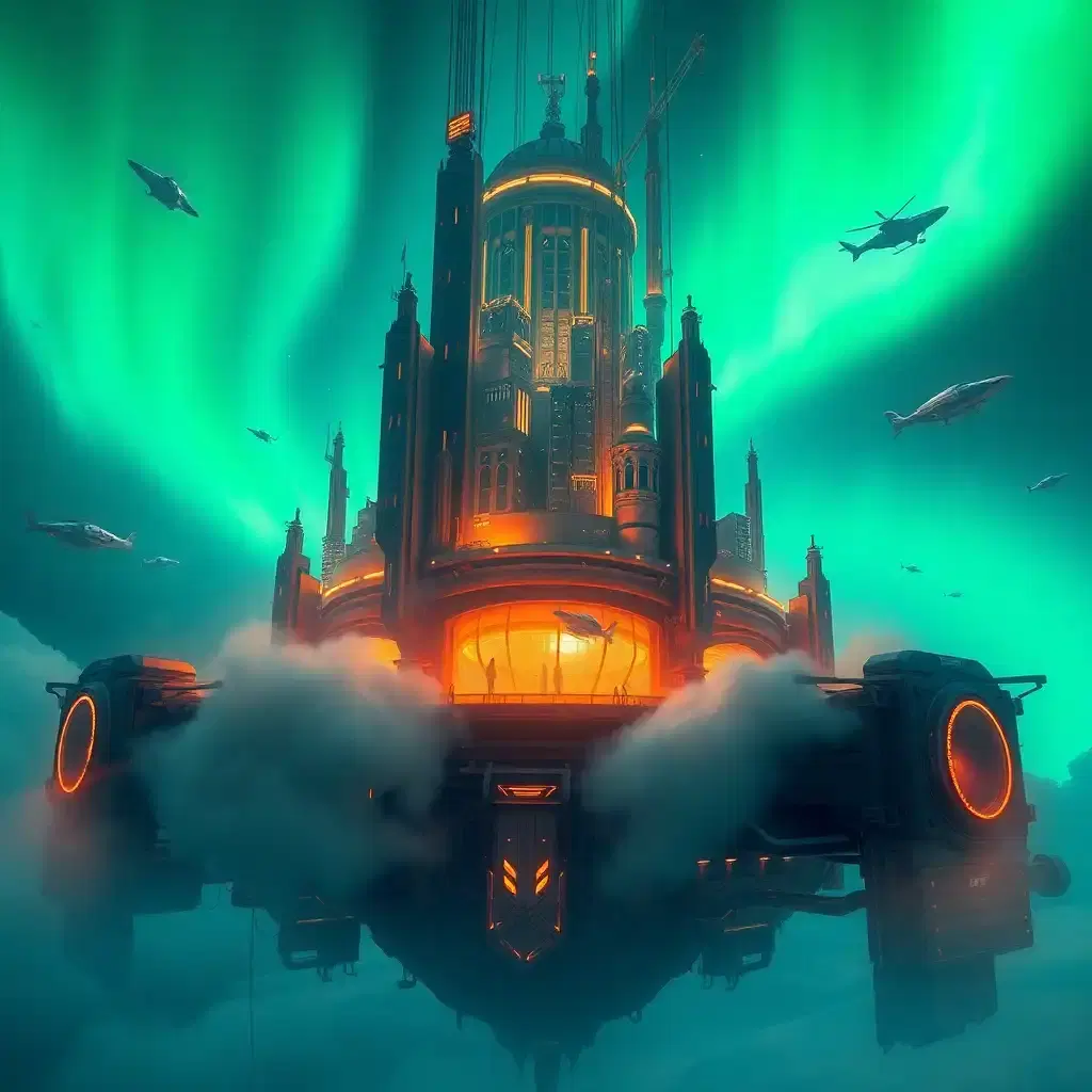 ### 1. **El Resplandor del Futuro**
{{Una **futurista representación** de {((una ciudad flotante iluminada por una aurora boreal))}}} con {((detalles de rascacielos suspendidos, vehículos voladores y luces neón que se reflejan en nubes vaporosas))}. Esta imagen está inspirada por {((el estilo cyberpunk y surrealismo))}, mostrando {((una utopía tecnológica con elementos oníricos y abstractos))}. El entorno/fondo debe ser {((un cielo nocturno con tonos azules y verdes intensos))}, para crear una {((atmósfera de misterio y asombro))}. La toma debe ser {((panorámica, capturada con un lente de gran angular))}, destacando una {((perspectiva de amplitud y profundidad))}. La iluminación será {((suave y difusa, con reflejos de neón en la atmósfera))}, enfatizando {((la textura de las estructuras y la intensidad de los colores))}. Nivel de detalle: {((alto, con resolución 8K))}.