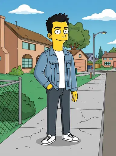 A cool young man as a flat 2D yellow cartoon character in a denim jacket