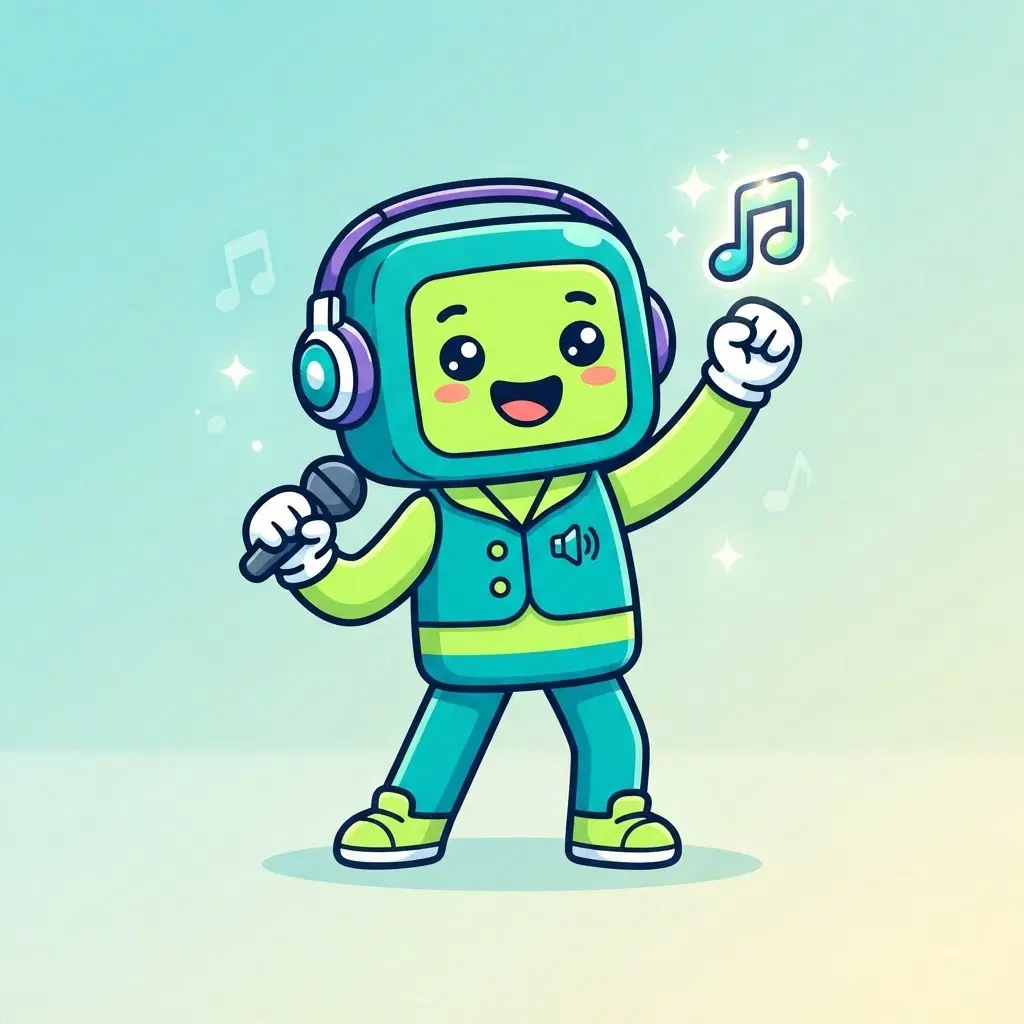 cute simple music-game character, rounded blocky head shape, teal and lime body, big friendly eyes, tiny headphones, singing pose with a music note, flat cartoon style, full body, clean soft gradient studio background, vibrant, crisp high detail, digital illustration