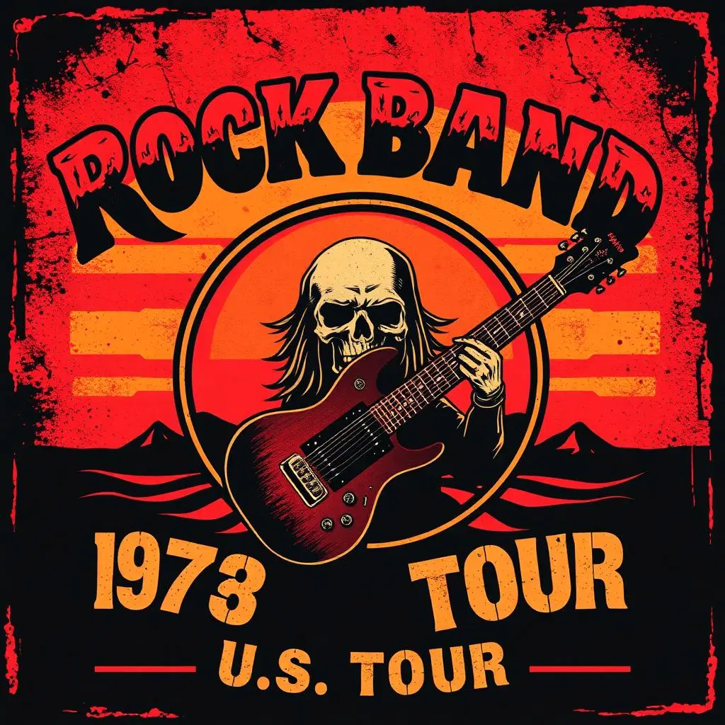 Retro vintage rock band poster design, fictional band name, distressed texture, 1978 U.S. Tour, bold fonts, electric guitar and skull, sunset grunge colors, t-shirt graphic style