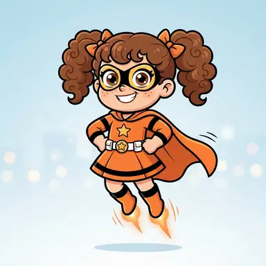 original chibi superhero kid with fists on hips, orange dress, curly pigtails, thick outlines, flat cartoon colors