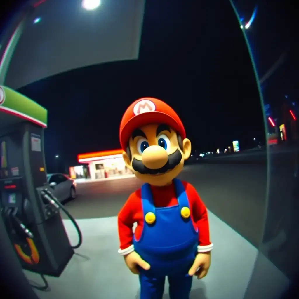 A security camera perspective from inside a gas station at night. The image shows Mario, the iconic video game character, dressed in his classic red hat, red shirt, and blue overalls. He's standing at one of the gas pumps, looking slightly confused but determined. Behind him, the gas station is illuminated with bright lights, and you can see the rows of fuel pumps and the convenience store in the background. The view is grainy and slightly distorted, typical of security camera footage. The atmosphere is quiet, with a few cars parked nearby, and a faint reflection of Mario's figure on the camera lens