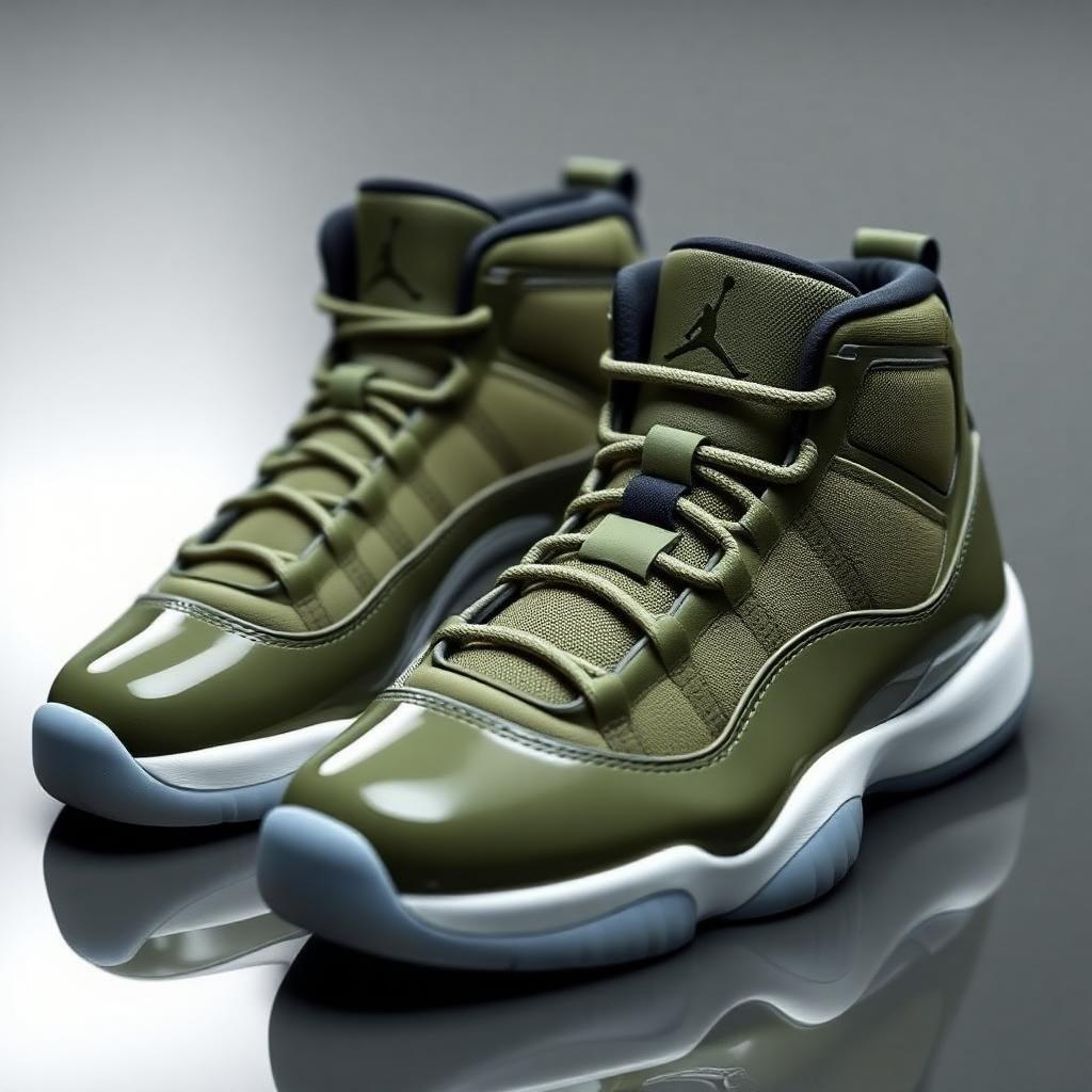 a pair of air jordan 11 in an conceptual olive green colorway