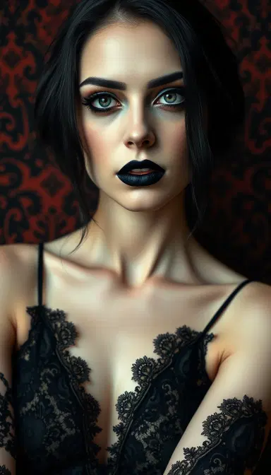 Style: (sparse, minimal, atmospheric, photorealistic, realism, graphic, illustration, vibrant, black lace,gothic victorian background)
Adult goth vampire pale Woman 30s, black eye shadow, black lips, interesting character study portrait; intimate
8k, acclaimed, artistic