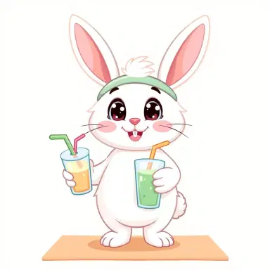 A cute fluffy white bunny mascot named "Glow", with big sparkling eyes, pastel pink cheeks, wearing a mint green headband for exercise. The bunny is holding a smoothie cup with a straw, standing on a yoga mat, smiling cheerfully. Soft pastel color palette, clean minimalist cartoon style, kawaii character design, perfect for health and wellness content mascot, simple background.