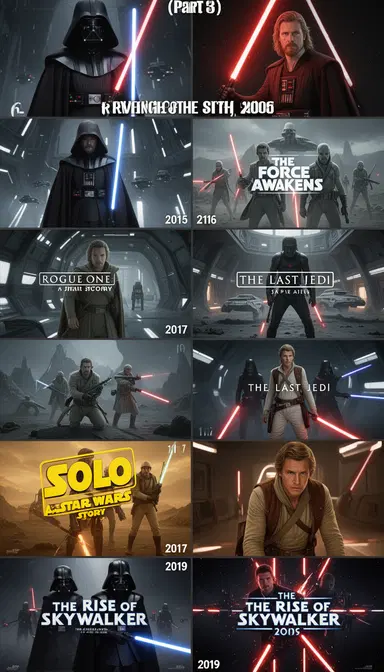 MUST WATCH Sci-fi & Action movie: (Part 3)
6.Revenge of the Sith (2005)
7.The Force Awakens (2015)
8.Rogue One: A Star Wars Story (2016)
9.The Last Jedi (2017)
10 Solo: A Star Wars Story (2018)
11.The Rise of Skywalker (2019)
Generate image and Convert to releted with movie photos with best quality