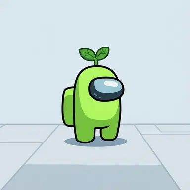 Among Us game style chibi crewmate bean, lime green suit with leaf sprout on head, armless rounded bean, glossy visor, flat cartoon game art, clean background