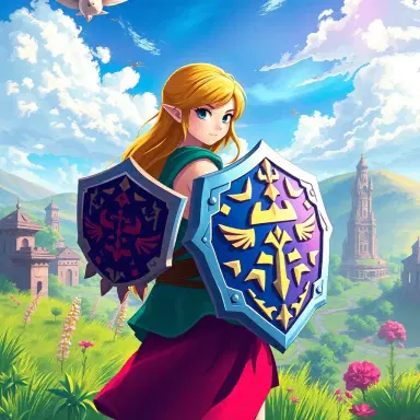 Visual Style: Magnificent Anime, Genre: Fantasy, Subject(s): Zelda from The Legend of Zelda, Time Period: Fantasy, Color: Vibrant, Aspect Ratio: 16:9, Format: Digital, Frame Size: 4K, Lens Size: 35mm, Composition: Dynamic, Lighting: Dramatic, Lighting Type: Mixed (Natural and Magical), Time of Day: Daytime, Environment: Fantasy Landscape, Location Type: Hyrule, Set: Majestic, Camera: Digital Art Software, Lens: Digital Brush, Film Stock / Resolution: High Resolution, Tags: Magnificent Anime, Fantasy, Vibrant Colors, Zelda, The Legend of Zelda, Perfect Shield, Perfect Outfit, Hyrule, Fantasy Landscape, Majestic, Daytime