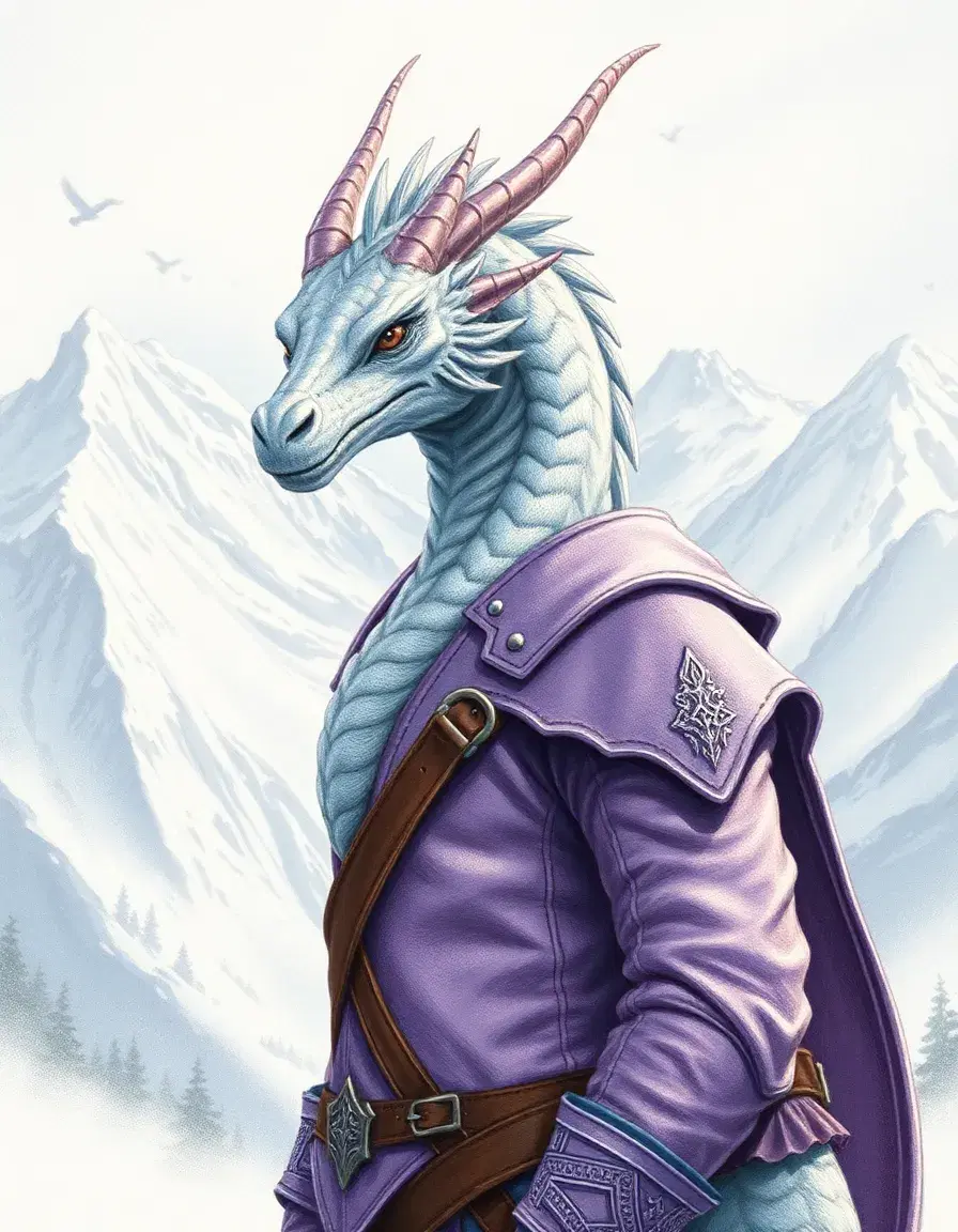 a hyper-detailed digital illustration mimicking a hand-drawn illustration with soft core coloured pencils, featuring visible colored pencil strokes and intricate fine liner work. a silver dragonborn, more dragon than human, with fins, horns, and feathers instead of hair, dons lavender leather armor. the scene takes place against a snowy mountain backdrop, utilizing pre-rendered shadows to imply light through color. the drawing has sharp edges, clean linework, and strictly no photographic realism. layered depth techniques eliminate photorealism, while cross-hatching and color blending create a professional, layered look. the drawing is a layered colored pencil illustration with visible pencil strokes and soft paper grain.