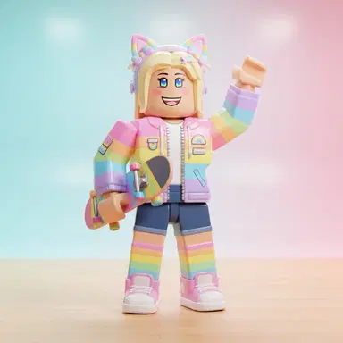 blocky 3D avatar character in roblox style, full body, cheerful avatar with cat ear headband, pastel rainbow jacket, skateboard under arm, bright plastic toy render, studio lighting