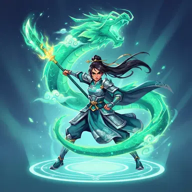 original girl hero summoning jade dragon spirit, stylized action cartoon, Chinese mythology flair