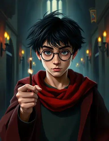 Dynamic concept art of Harry Potter as a determined young wizard with messy black hair and round glasses, wearing his Hogwarts robes and Gryffindor scarf. He holds his wand at the ready, a faint glow emanating from the tip. The background is a moody, enchanted Hogwarts corridor with flickering torches. Painterly brushwork, dramatic lighting, deep shadows, capturing youthful bravery and magic.