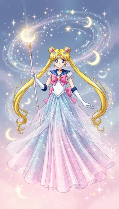 Sailor Moon Crystal Style (Elegant Magical Girl): Graceful magical girl, shimmering flowing gown, surrounded by delicate cosmic swirl of stars, crescent moons, holding glowing scepter. Serene, determined expression. Sailor Moon Crystal anime style, elegant character design, vibrant yet soft pastel color palette, sparkling magical effects, clean illustrative linework, shimmering textures on outfit, polished digital animation quality, ethereal glow, 4K illustration.