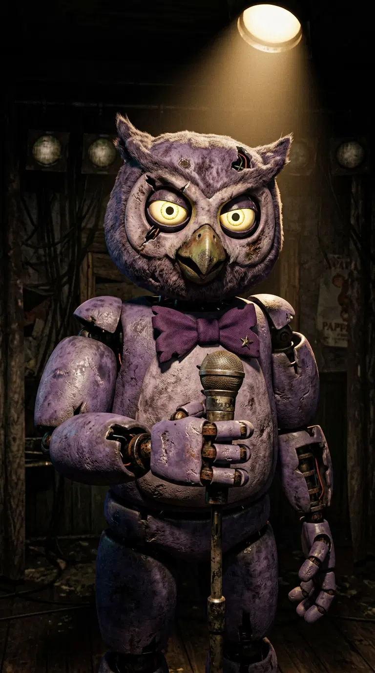 Original animatronic in the Five Nights at Freddy's art style: a worn purple owl animatronic with glowing yellow eyes, a bow tie and a microphone, visible joints and scuffed plastic, creepy 3D render, dark pizzeria stage with a single spotlight. Portrait framing from the waist up, face in the upper third of the frame, one character only. No text, no logo, no watermark.
