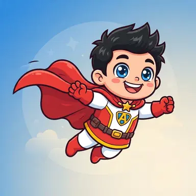 original chibi superhero boy with cape, red and white outfit, spiky hair, thick outlines, flat cartoon colors