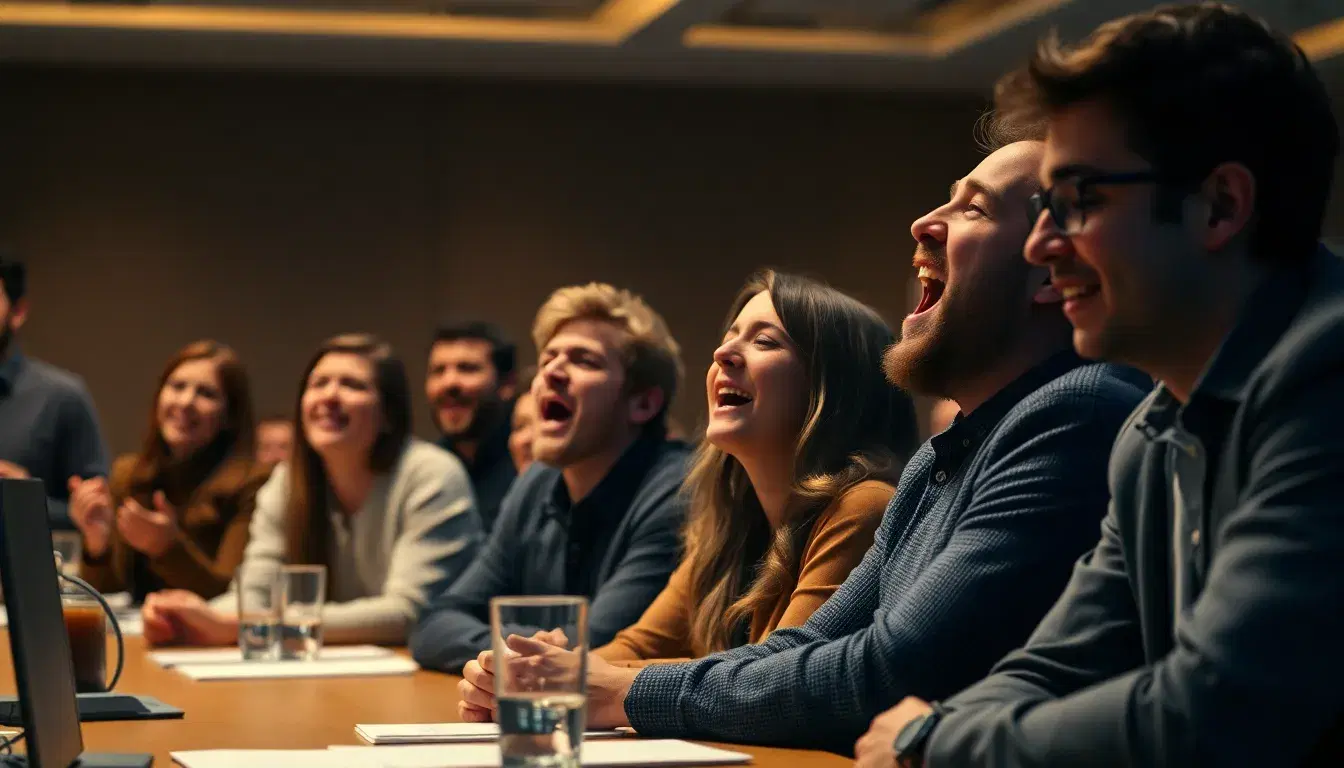 a group of people in a meeting room where several begin yawning together, cinematic indoor lighting, storytelling composition, 4K