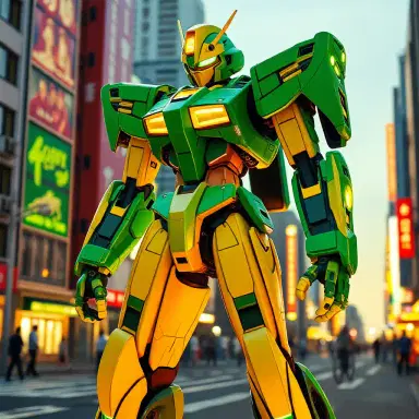Robot unit Eva 06 color Green and yellow, ultra real 3d epic afternoon City tokyo futurism evangelion