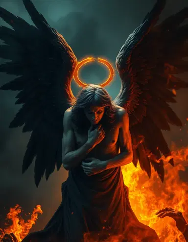 A fallen angel with dark wings, broken halo, sorrowful expression, surrounded by fire and shadows, dramatic and symbolic, biblical concept arten