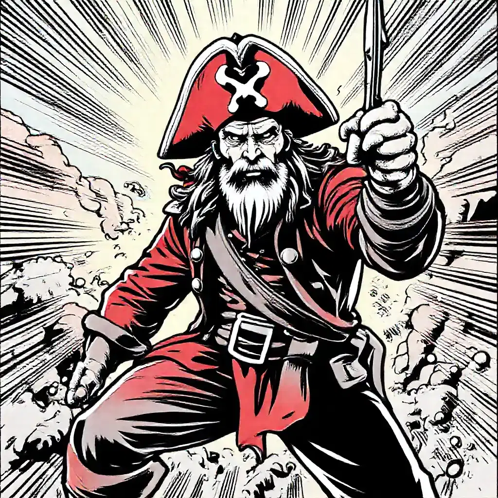 Comic book illustration of a pirate , bold ink lines, dramatic comic panel composition, cel shading, halftone shadows, action speed lines, comic book color palette, cross-hatching details, dynamic poses, graphic novel aesthetics, superhero comic style, dramatic foreshortening, bold outlines, comic book lighting effects, action-packed composition, visible panel borders, comic book lettering effects