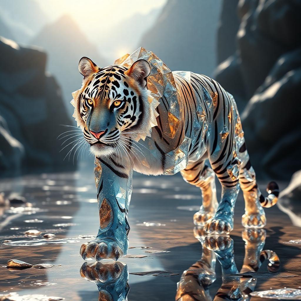 Journey to the prismatic lands where a legendary crystal tiger strides through reflective terrain. Its skin, a living cascade of glittering facets, encapsulates entire worlds within each crystalline frame. The tiger's eyes, fierce and knowing, burn like twin suns. With every step, it reshapes reality around it, bending the light of existence to its own majestic design.