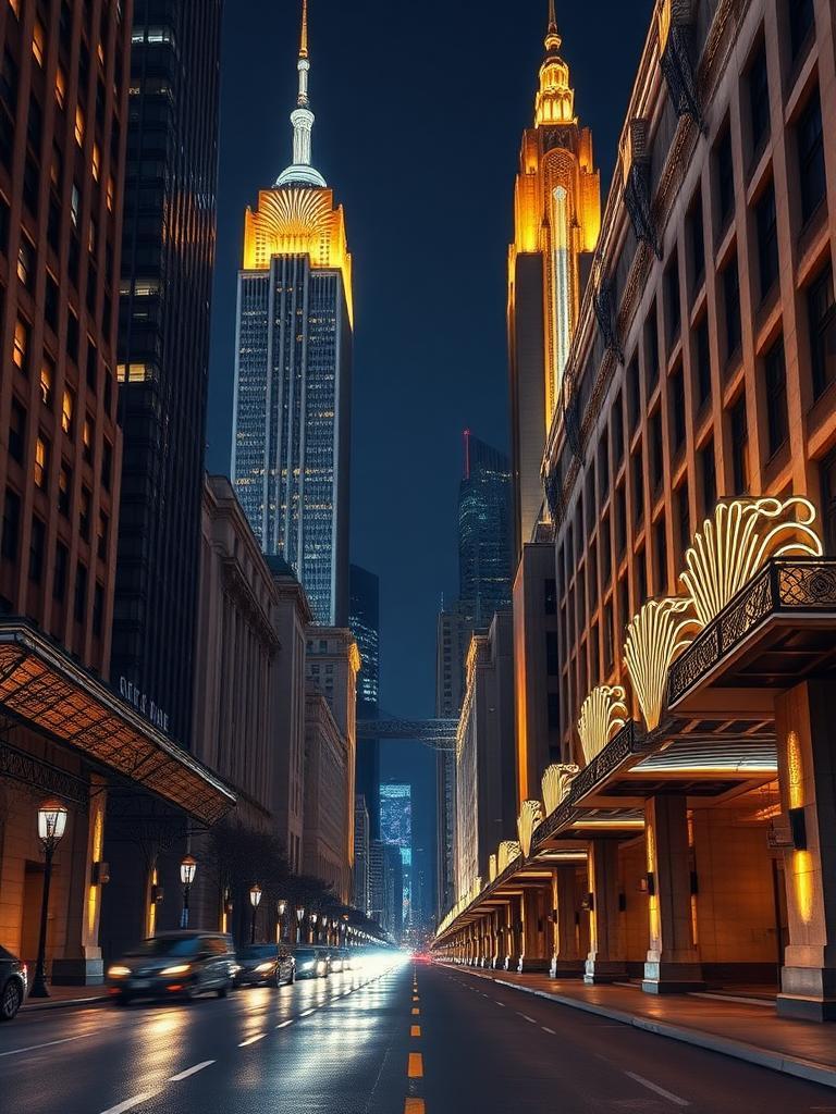 It seems like you provided a revised prompt for a 'Lighting' aesthetic instead of an 'Art Deco architecture' style prompt. To modify the original prompt to fit the 'Art Deco architecture' style, here's a revised prompt:
A city street at night, lined with grand buildings that showcase the elegance of Art Deco architecture. The skyscrapers and towers feature bold geometric patterns, sleek lines, and luxurious materials, with metallic gold and silver accents that shine under the evening lights. Symmetrical facades and clean lines dominate the scene, while intricate details like zigzags and stylized floral patterns add a touch of sophistication.
The city's Art Deco buildings seem to glow with a sense of glamour and opulence, as if they're radiating a sense of excitement and modernity. The rich colors and metallic tones of the buildings are reflected in the polished stone and glass surfaces, creating a sense of depth and luxury. The overall atmosphere is one of refinement and poise, as if the city is showcasing its most glamorous and futuristic side.