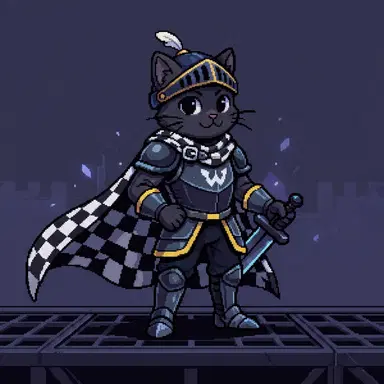 Deltarune dark world style OC, cat knight with checkerboard cape, Toby Fox game art style, dark world palette, cel shaded, clean background
