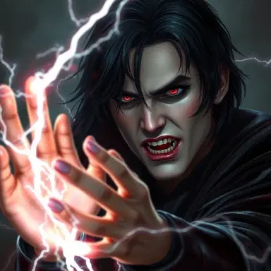 Cinematic surreal artstyle. Male vampire. Dark black hair. Pale skin. Red eyes. Fangs flared. Dark black armour. Casting lightning from hand
