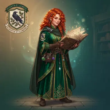 original witch character with curly red hair, emerald green robes and a house crest, holding an open spellbook, clean soft gradient background, digital illustration, crisp high detail