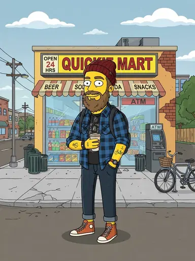 A bearded hipster as a flat 2D yellow cartoon character outside a convenience store