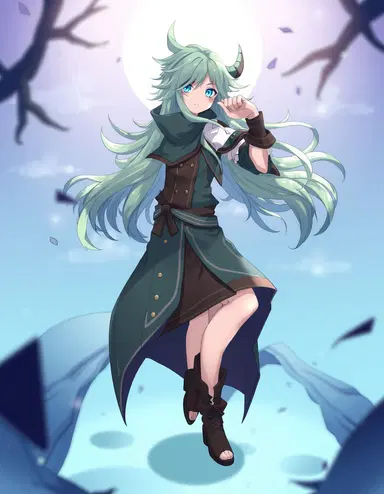Create a fanart of a character that's the mix of Frieren and Fern from Sosou no Frieren, she has to have white and purple hair, green eyes. Bright colours and detailed clothes