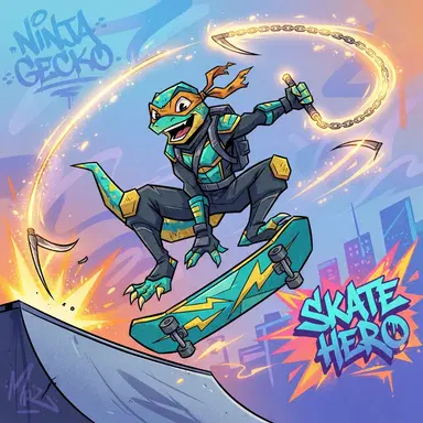 original mutant gecko ninja hero on skateboard with kusari chain, angular 2D cartoon, graffiti-bright colors