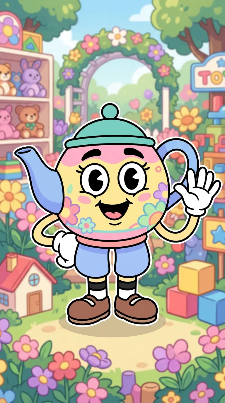 Original toon character in the art style of the Roblox game Dandy's World: a cheerful mascot toon shaped like a teapot with big round cartoon eyes, white gloves and stubby legs, flat pastel colours with thick clean outlines, rubber-hose cartoon look, colourful toy-store garden background. Portrait framing from the waist up, face in the upper third of the frame, one character only. No text, no logo, no watermark.