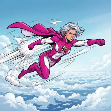 original superhero flying above clouds, silver hair, magenta and white two-tone suit, bold flat comic book style