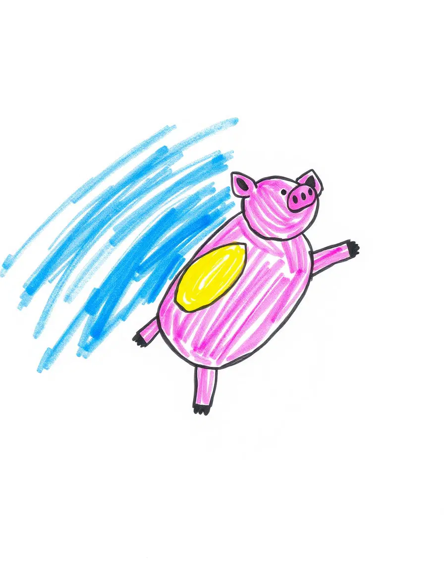"Childlike crayon drawing of a pink pig with crude yellow wings flying in a blue sky. Thick, waxy crayon texture, simple black outlines on a white background."