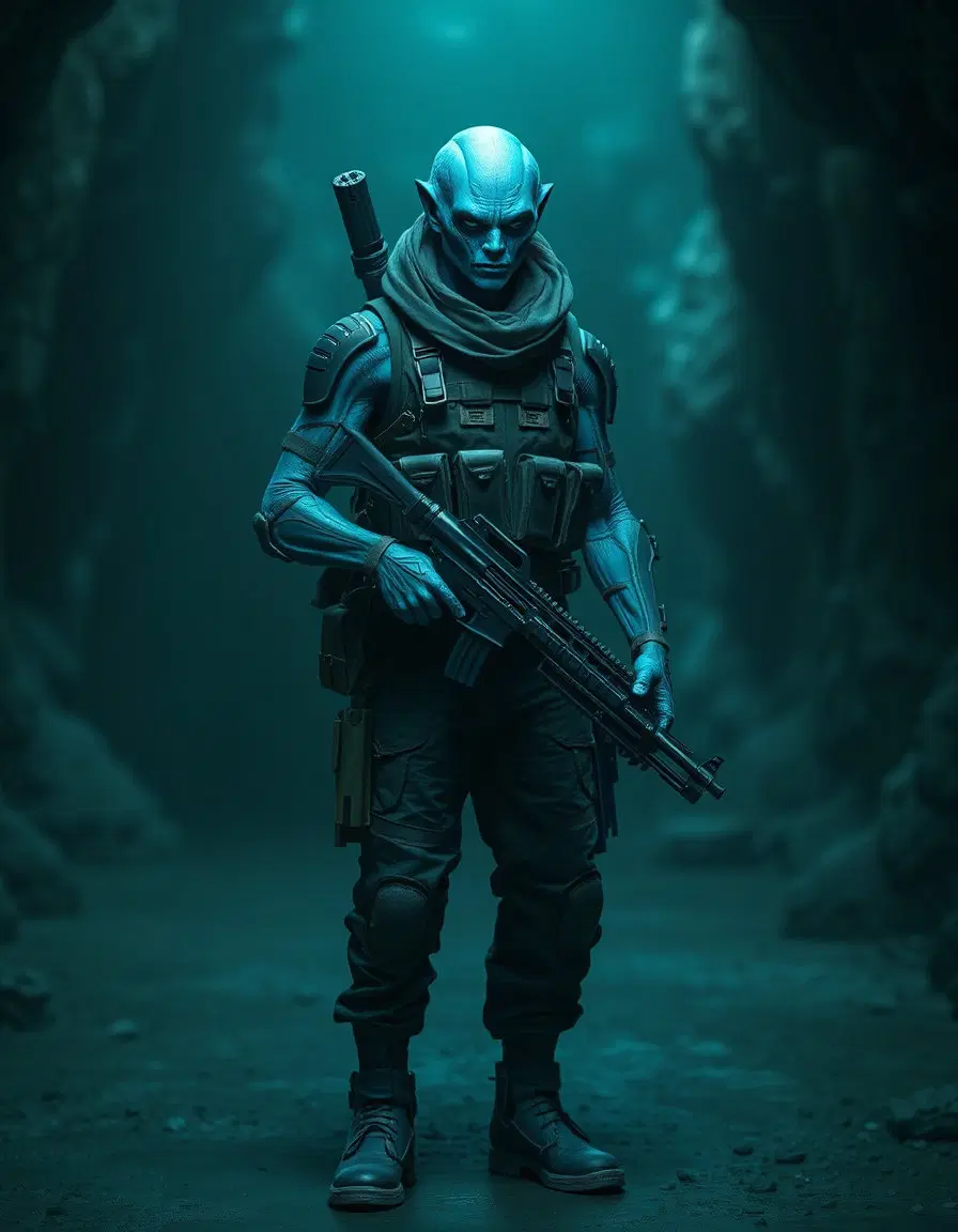 blue-skinned humanoid alien soldier, full-body character portrait, tactical vest and camouflage pants with gear and holstered weapon, standing in a futuristic cave base, cinematic sci-fi lighting, shallow depth of field, centered composition, moody teal and green color palette, realistic digital concept art